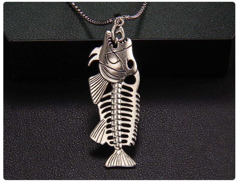 Punk Retro Fish Bone Pendant Necklace for Women Men Fishing Hook