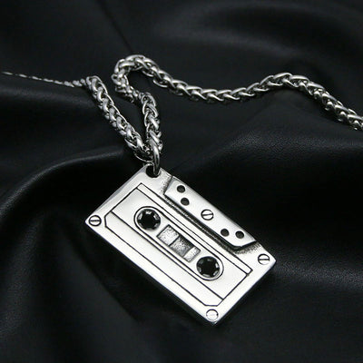 Fashion Punk Trending Hip Hop Cassette Tape Handmade Crystal Cuban Iced Out Bling Sparkle American Diamond Pendant Cubic Zirconia Necklace with Chain Gift Jewelry for Men and Women