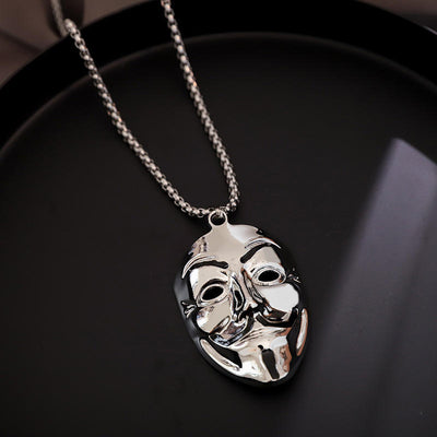 Fashion Punk Trending Hip Hop Guy Fawkes Vendetta Hacker Mask Handmade Crystal Cuban Iced Out Bling Sparkle American Diamond Pendant Cubic Zirconia Necklace with Chain Gift Jewelry for Men and Women