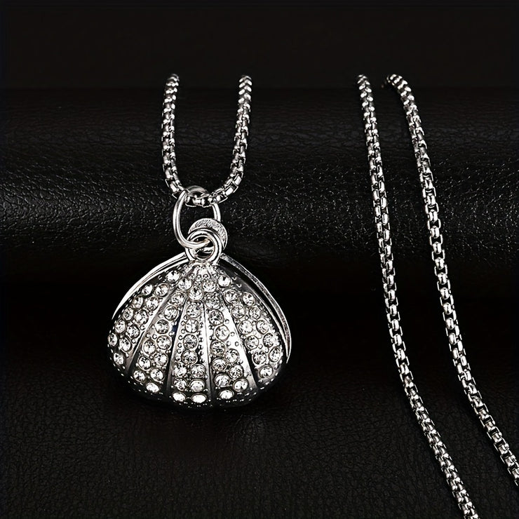 HIPHOP RHINESTONE SILVER SHELL PEARL ICED OUT PENDANT NECKLACE FOR MEN & WOMEN