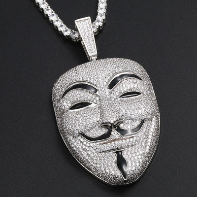 Iced Out Bling Guy Fawkes Vendetta Hacker Mask Pendant for Men