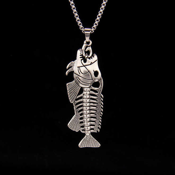 Fashion Punk Trending Hip Hop 3D Fish Bone Handmade Crystal Cuban Iced Out Bling Sparkle American Diamond Pendant Cubic Zirconia Necklace with Chain Gift Jewelry for Men and Women