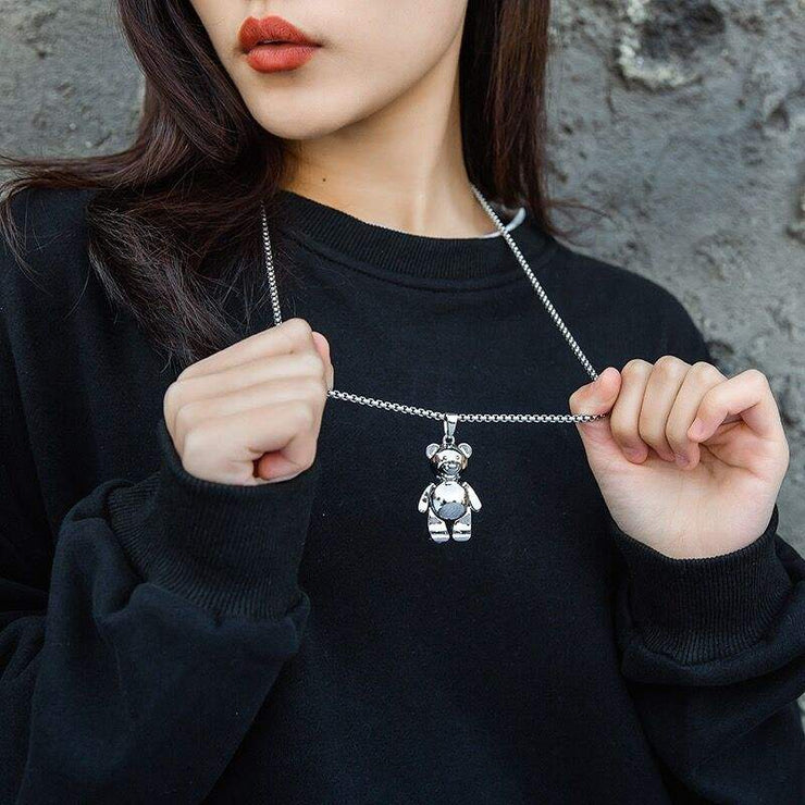 Fashion Punk Trending Hip Hop Cute Teddy Bear Handmade Crystal Cuban Iced Out Bling Sparkle American Diamond Pendant Cubic Zirconia Necklace with Chain Gift Jewelry for Men and Women