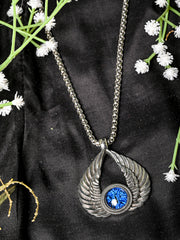 HipHop Blue Evil Eye Angel Wing Pendant Necklace with Chain for Men & Women