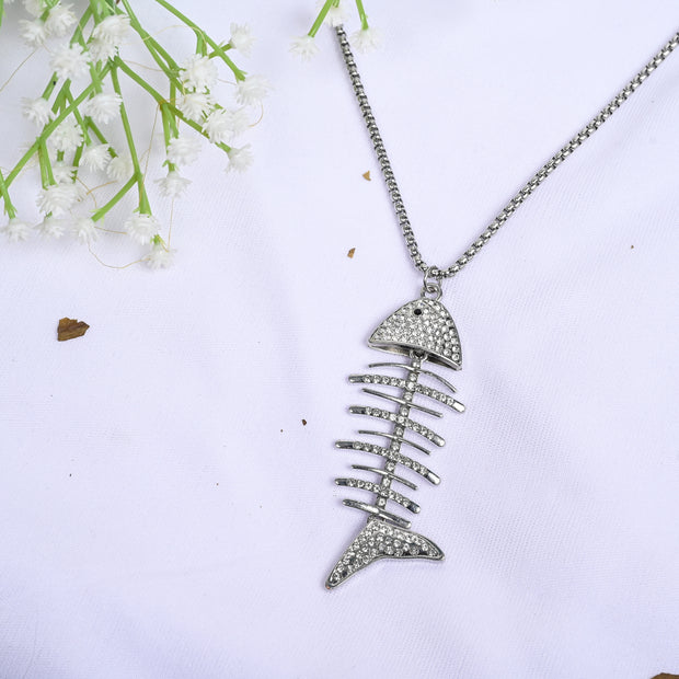 HIPHOP 3D FISH BONE ICED OUT PENDANT NECKLACE WITH CHAIN FOR MEN & WOMEN