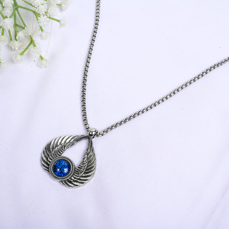 HipHop Blue Evil Eye Angel Wing Pendant Necklace with Chain for Men & Women