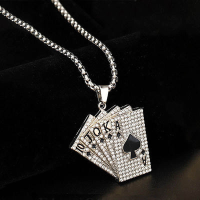 Fashion Punk Trending Hip Hop Poker Face Cards Handmade Crystal Cuban Iced Out Bling Sparkle American Diamond Pendant Cubic Zirconia Necklace with Chain Gift Jewelry for Men and Women