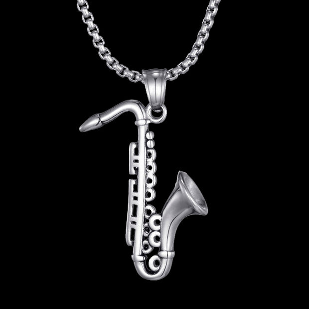 Fashion Punk Trending Hip Hop Saxophone Musical Instrument Handmade Crystal Cuban Iced Out Bling Sparkle American Diamond Pendant Cubic Zirconia Necklace with Chain Gift Jewelry for Men and Women