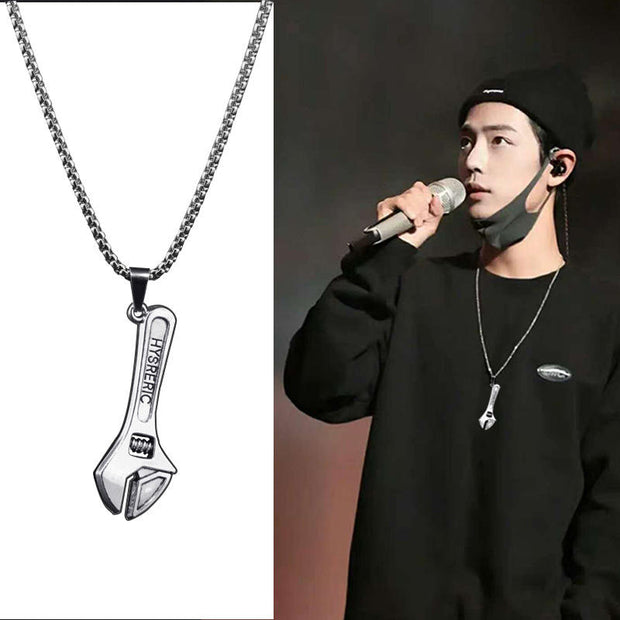 Fashion Punk Trending Hip Hop Cool Wrench Tool Handmade Crystal Cuban Iced Out Bling Sparkle American Diamond Pendant Cubic Zirconia Necklace with Chain Gift Jewelry for Men and Women
