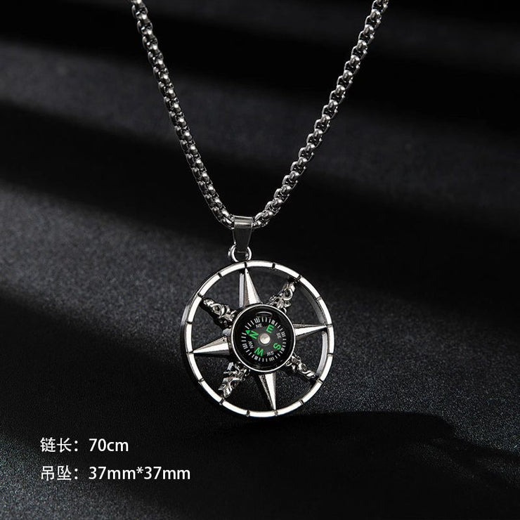 Fashion Punk Trending Hip Hop Compass Handmade Crystal Cuban Iced Out Bling Sparkle American Diamond Pendant Cubic Zirconia Necklace with Chain Gift Jewelry for Men and Women