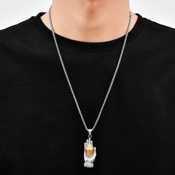 Fashion Punk Trending Hip Hop Lord Gautam Buddha Handmade Crystal Cuban Iced Out Bling Sparkle American Diamond Pendant Cubic Zirconia Necklace with Chain Gift Jewelry for Men and Women