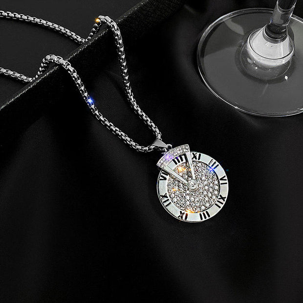 Fashion Punk Trending Hip Hop Roman Numeral Clock Iced Out Bling Handmade Crystal Cuban Iced Out Bling Sparkle American Diamond Pendant Cubic Zirconia Necklace with Chain Gift Jewelry for Men and Women