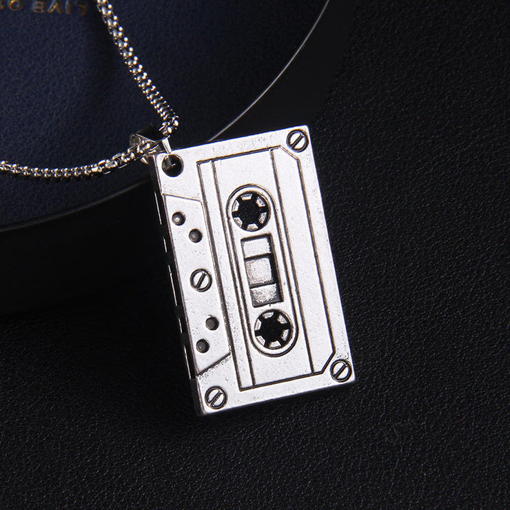 Fashion Punk Trending Hip Hop Cassette Tape Handmade Crystal Cuban Iced Out Bling Sparkle American Diamond Pendant Cubic Zirconia Necklace with Chain Gift Jewelry for Men and Women