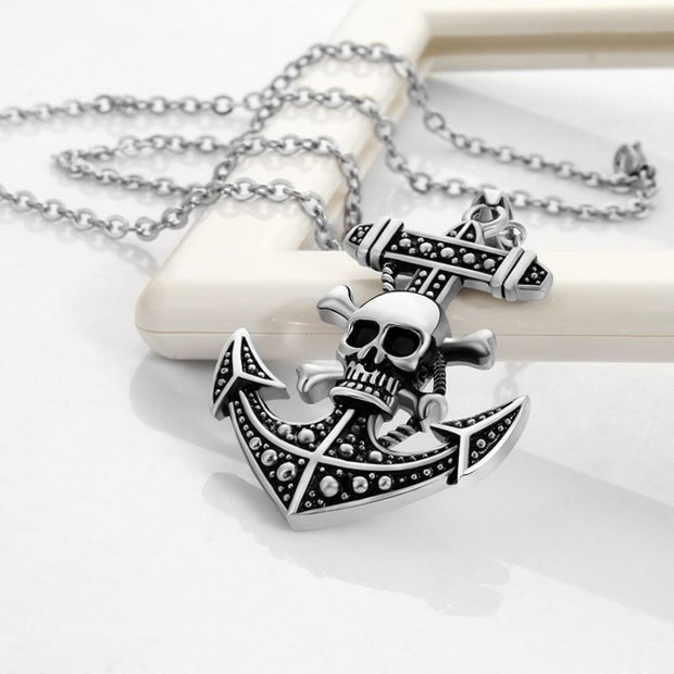 Fashion Punk Trending Hip Hop Skull Cross Anchor Handmade Crystal Cuban Iced Out Bling Sparkle American Diamond Pendant Cubic Zirconia Necklace with Chain Gift Jewelry for Men and Women