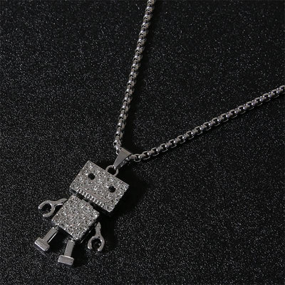 Fashion Punk Trending Hip Hop Robot Handmade Crystal Cuban Iced Out Bling Sparkle American Diamond Pendant Cubic Zirconia Necklace with Chain Gift Jewelry for Men and Women