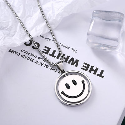 Fashion Punk Trending Hip Hop Happy Smiley Face Two-sided Handmade Crystal Cuban Iced Out Bling Sparkle American Diamond Pendant Cubic Zirconia Necklace with Chain Gift Jewelry for Men and Women