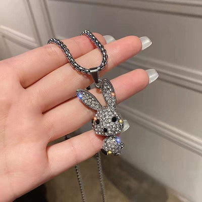 Fashion Punk Trending Hip Hop Bunny Rabbit Handmade Crystal Cuban Iced Out Bling Sparkle American Diamond Pendant Cubic Zirconia Necklace with Chain Gift Jewelry for Men and Women