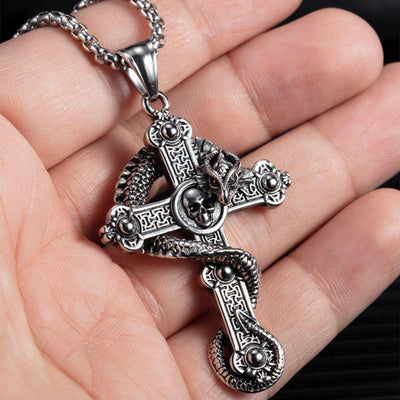 Fashion Punk Trending Hip Hop Serpent Snake Cross Handmade Crystal Cuban Iced Out Bling Sparkle American Diamond Pendant Cubic Zirconia Necklace with Chain Gift Jewelry for Men and Women