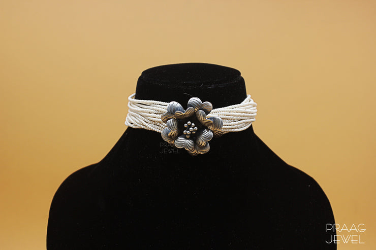Sandhija Floral 925 Silver Choker Necklace With Oxidised Polish
