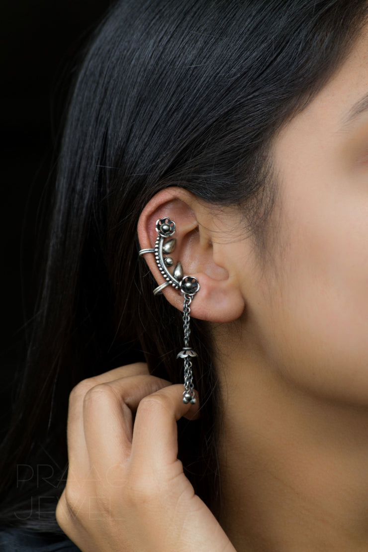 Suramya 925 Silver Designer Ear Clip Earrings With Oxidised Polish
